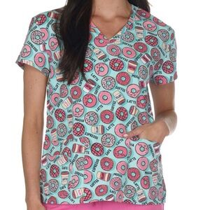 NWT Women’s Medium Coffee Talk Donut Print Scrubfinity Basix Scrub Top